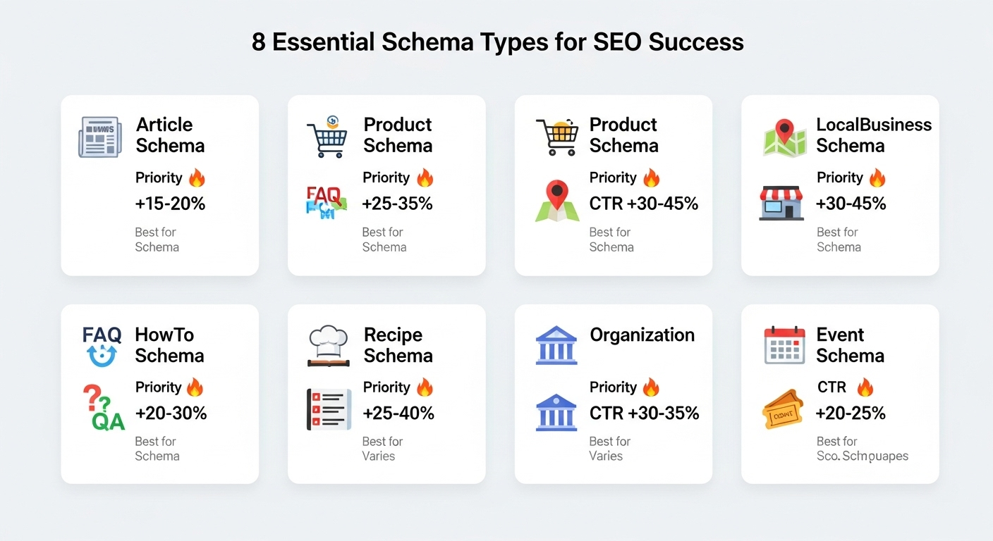 Visual guide showing 8 essential Schema types with icons for Article, Product, LocalBusiness, FAQ, HowTo, Recipe, Organization, and Event schemas
